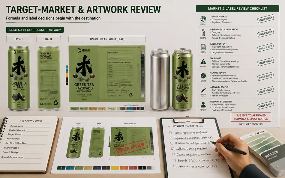 330ml Sleek Green Tea Avocado energy drink target-market & artwork review for OEM project review