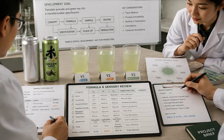 330ml Sleek Green Tea Avocado energy drink formula & sensory review for OEM project review
