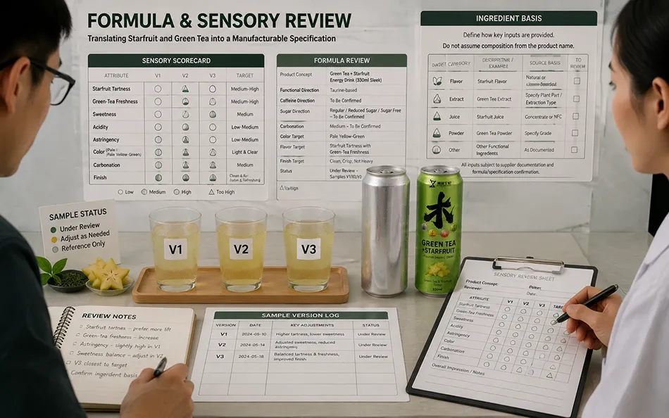 330ml Sleek Green Tea Starfruit energy drink formula & sensory review for OEM project review