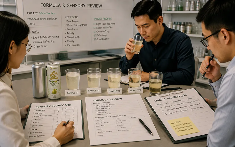 330ml Sleek White Tea Pear energy drink formula & sensory review for OEM project review