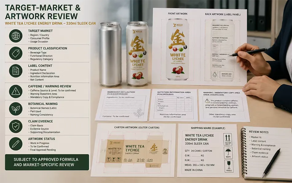 330ml Sleek White Tea Lychee energy drink target-market & artwork review for OEM project review