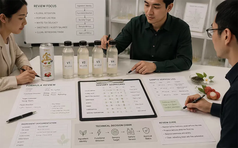 330ml Sleek White Tea Lychee energy drink formula & sensory review for OEM project review