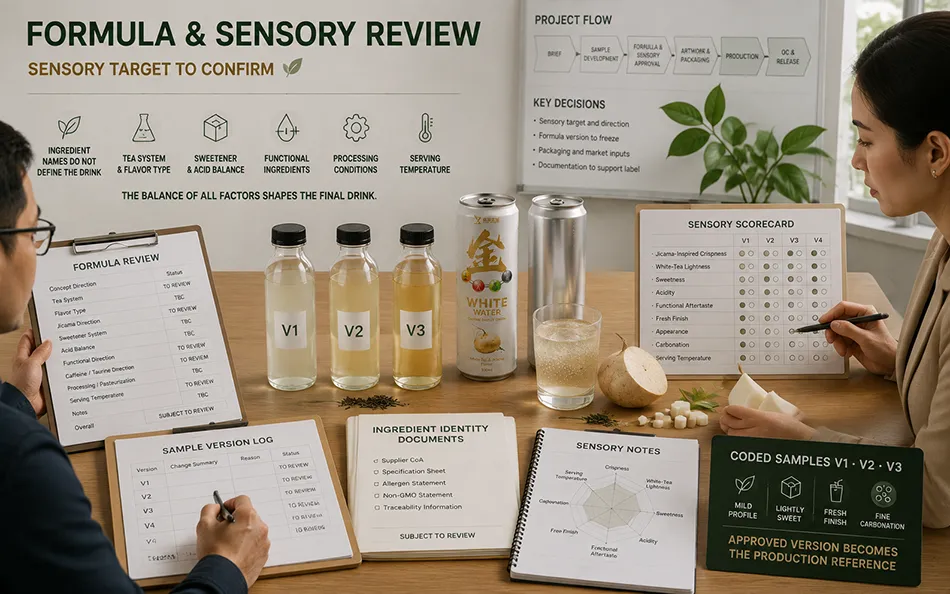 330ml Sleek White Tea Jicama energy drink formula & sensory review for OEM project review