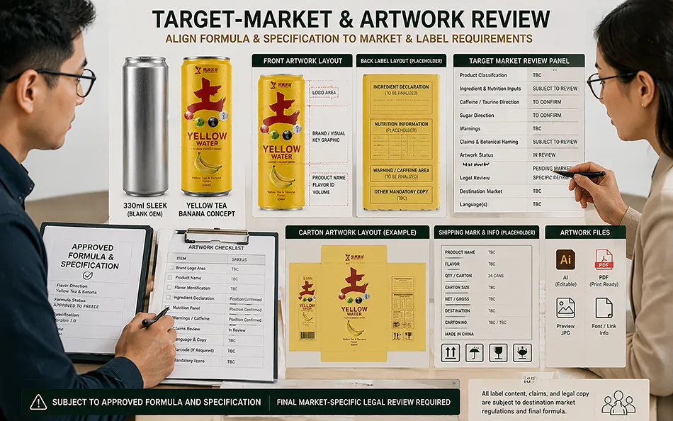 330ml Sleek Yellow Tea Banana energy drink target-market & artwork review for OEM project review