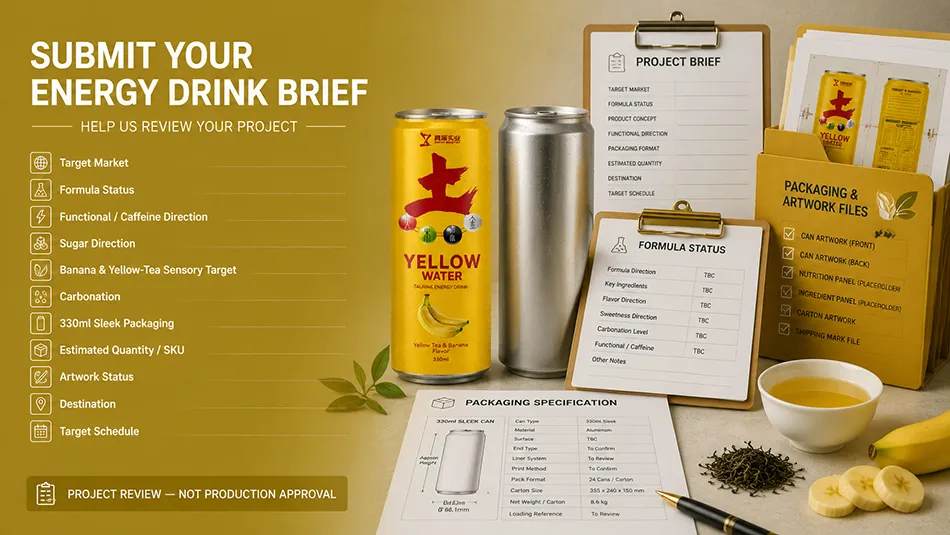 330ml Sleek Yellow Tea Banana energy drink rfq passport cta for OEM project review