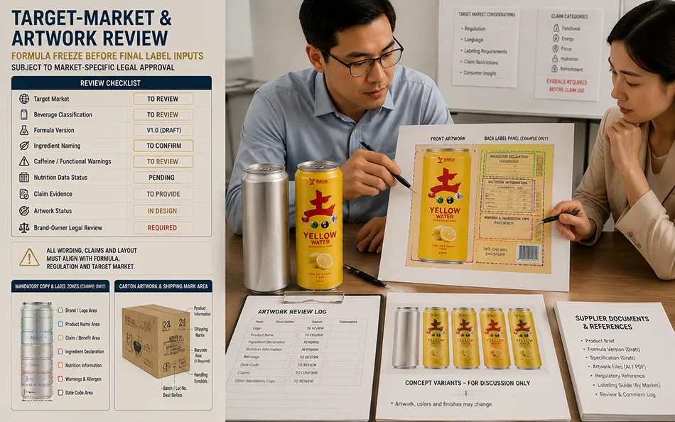 330ml Sleek Yellow Tea Lemon energy drink target-market & artwork review for OEM project review