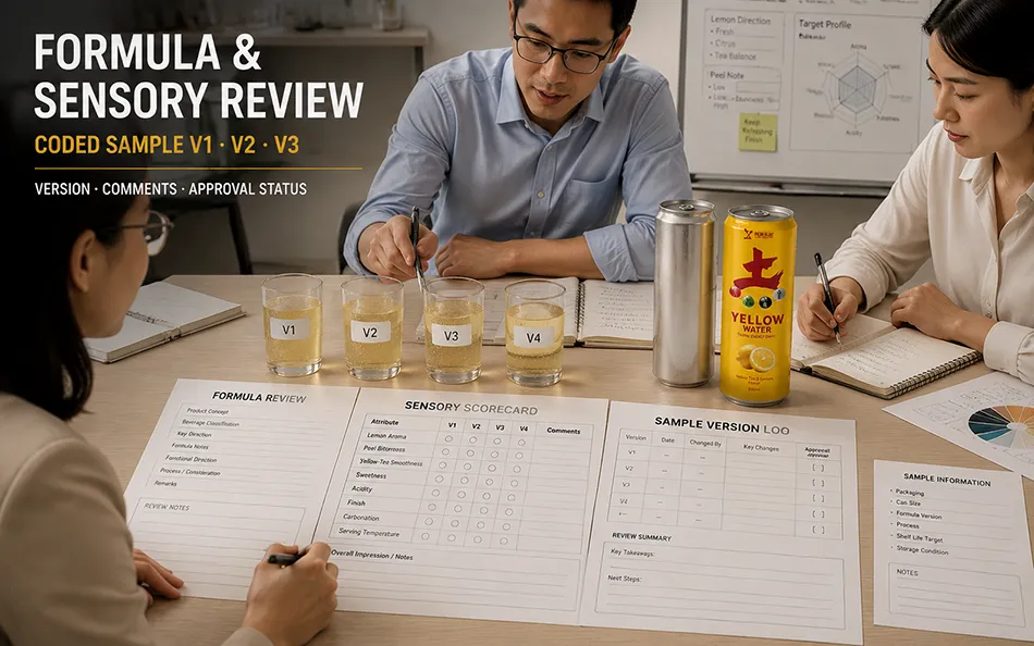 330ml Sleek Yellow Tea Lemon energy drink formula & sensory review for OEM project review