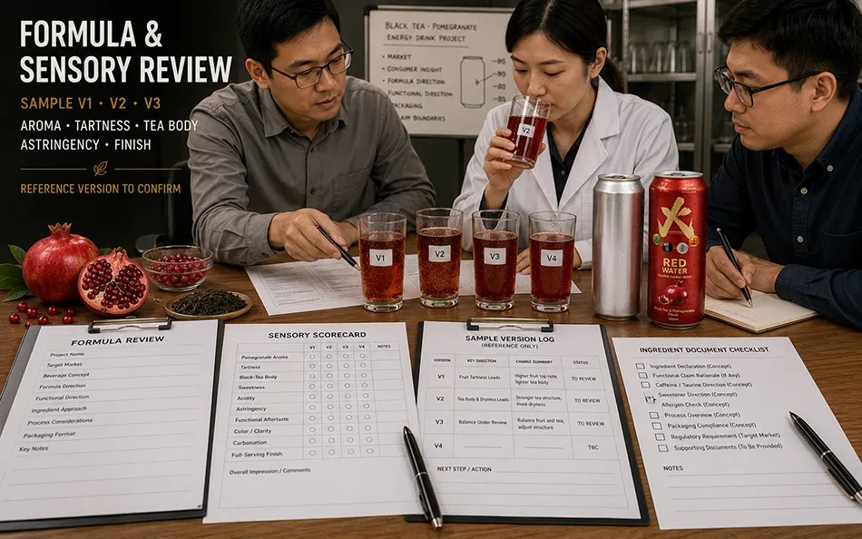 500ml Standard Black Tea Pomegranate energy drink formula & sensory review for OEM project review