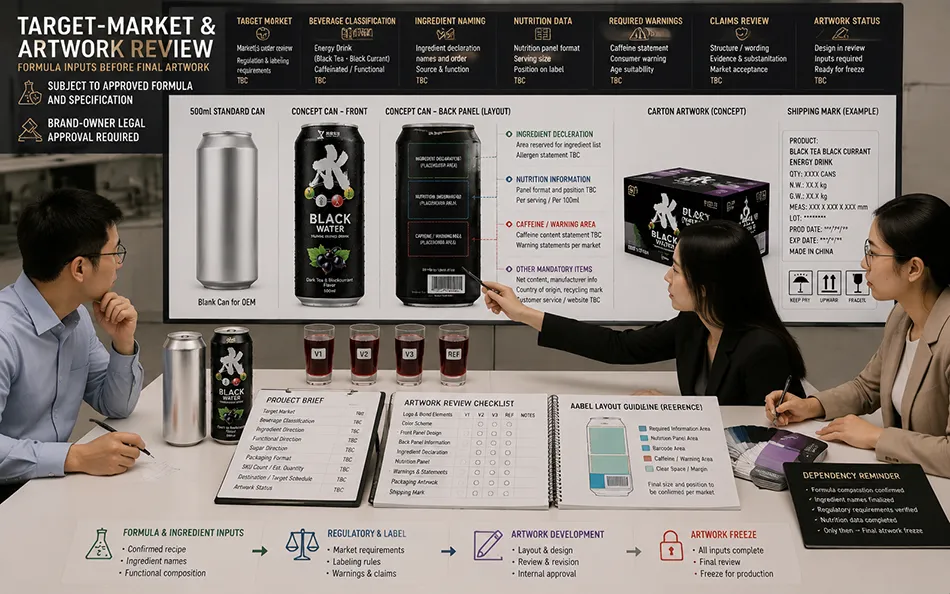 500ml Standard Dark Tea Black Currant energy drink target-market & artwork review for OEM project review