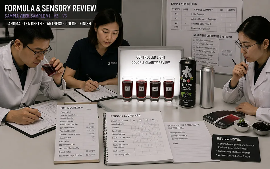 500ml Standard Dark Tea Black Currant energy drink formula & sensory review for OEM project review