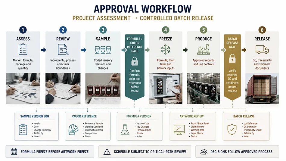 500ml Standard Dark Tea Black Currant energy drink approval workflow for OEM project review