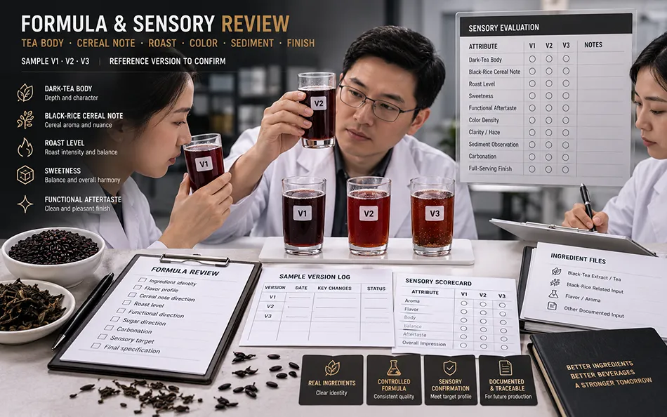 500ml Standard Dark Tea Black Rice energy drink formula & sensory review for OEM project review