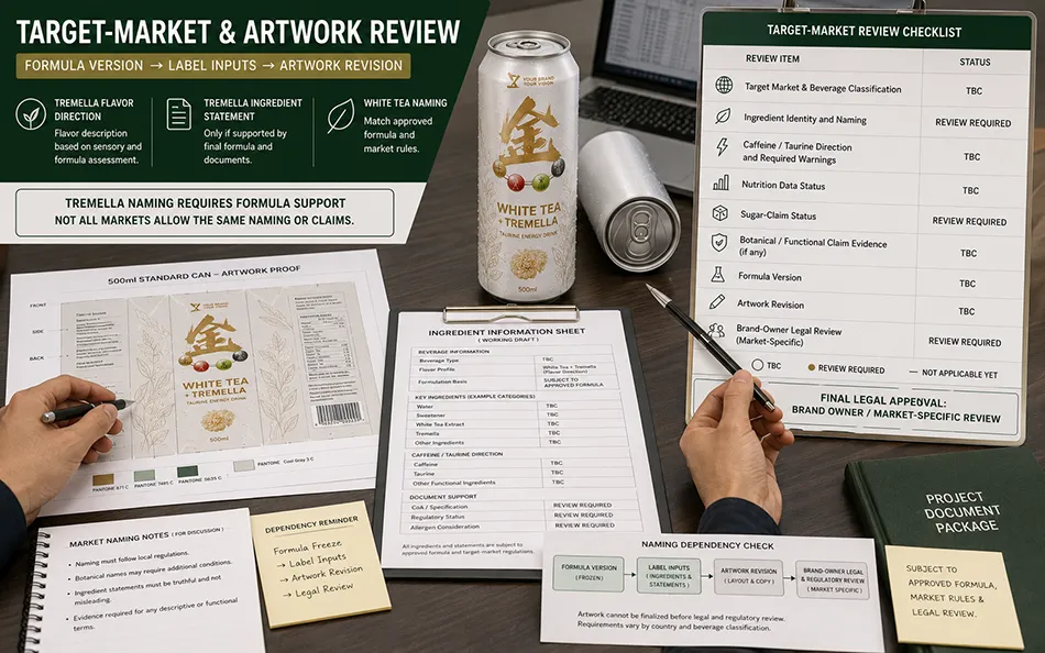 500ml Standard White Tea Tremella energy drink target-market & artwork review for OEM project review