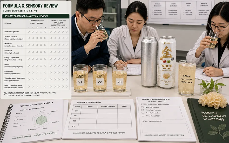 500ml Standard White Tea Tremella energy drink formula & sensory review for OEM project review