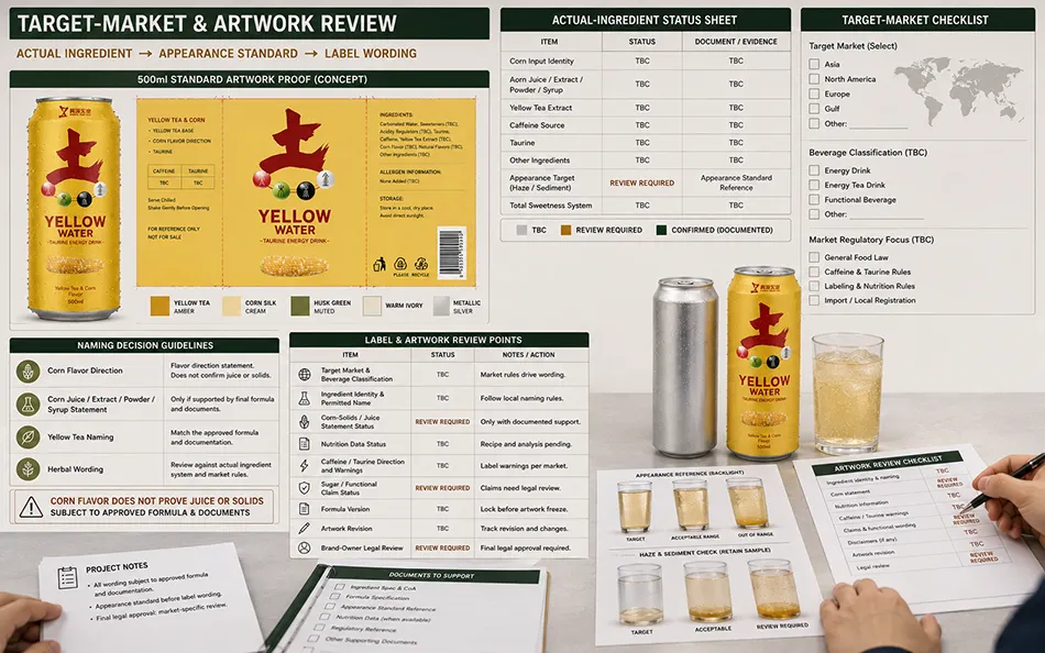 500ml Standard Yellow Tea Corn energy drink target-market & artwork review for OEM project review