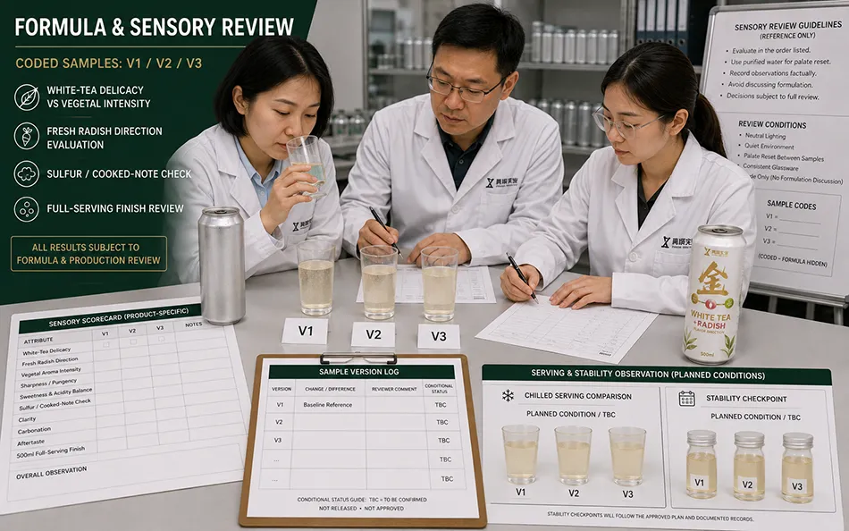 500ml Standard White Tea Radish energy drink formula & sensory review for OEM project review