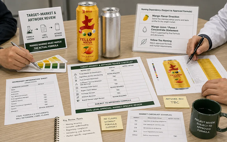 500ml Standard Yellow Tea Mango energy drink target-market & artwork review for OEM project review
