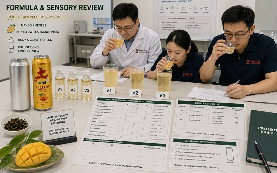 500ml Standard Yellow Tea Mango energy drink formula & sensory review for OEM project review