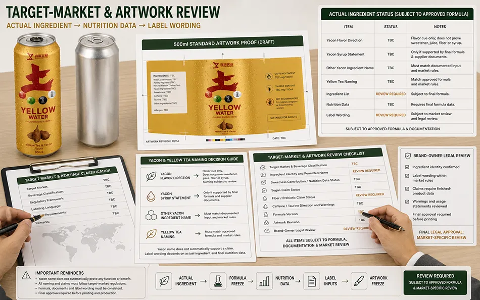 500ml Standard Yellow Tea Yacon energy drink target-market & artwork review for OEM project review