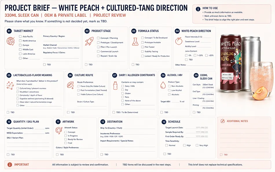 Buyer reviewing a white peach lactobacillus-flavor hard seltzer project brief