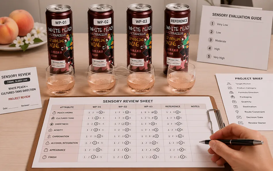 Numbered white peach cultured-tang hard seltzer samples under sensory review