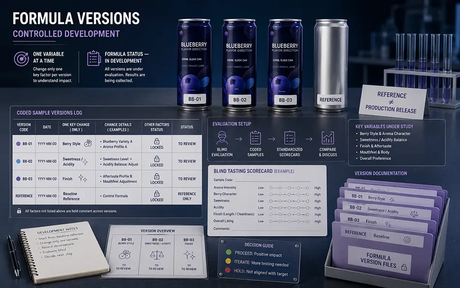 Blueberry hard seltzer coded formula versions and reference sample under controlled development review