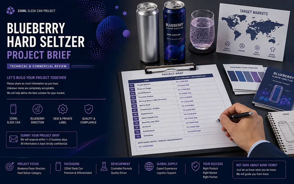 Buyer reviewing a 330ml Sleek can blueberry hard seltzer project brief artwork and target market inputs