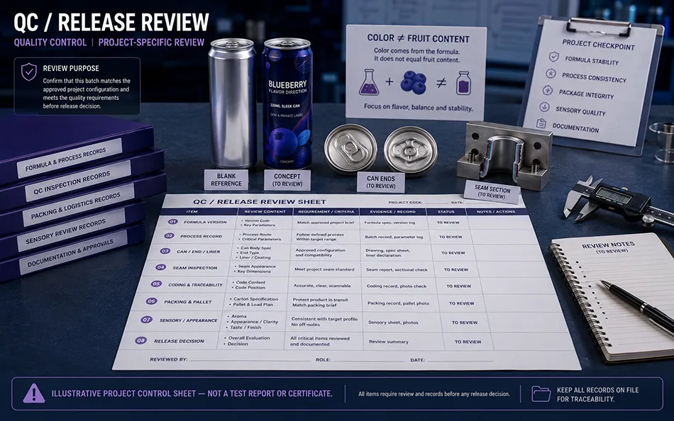 Illustrative QC and release review for a 330ml blueberry hard seltzer Sleek can project
