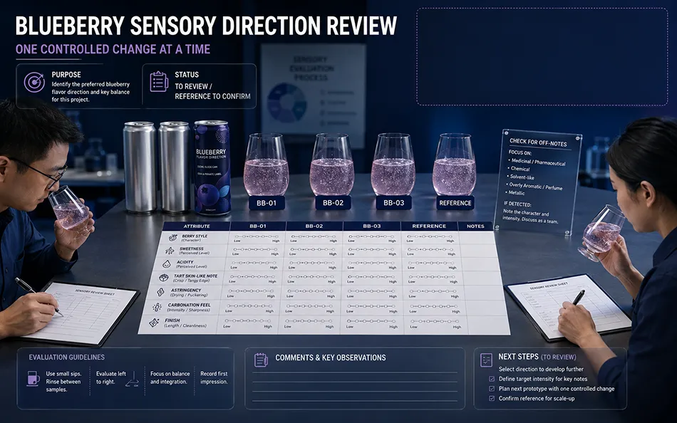 Coded blueberry hard seltzer samples reviewed for berry style sweetness acidity astringency and finish