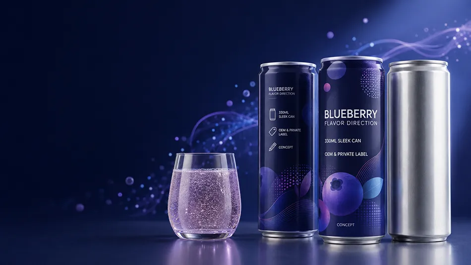 Blueberry flavor hard seltzer OEM concepts in 330ml Sleek cans with a carbonated serving
