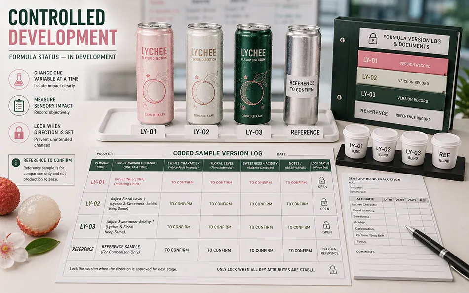 Lychee hard seltzer coded formula versions and reference sample under controlled development review