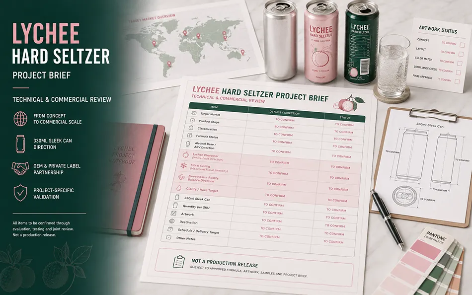 Buyer reviewing a 330ml Sleek can lychee hard seltzer project brief artwork and target market inputs