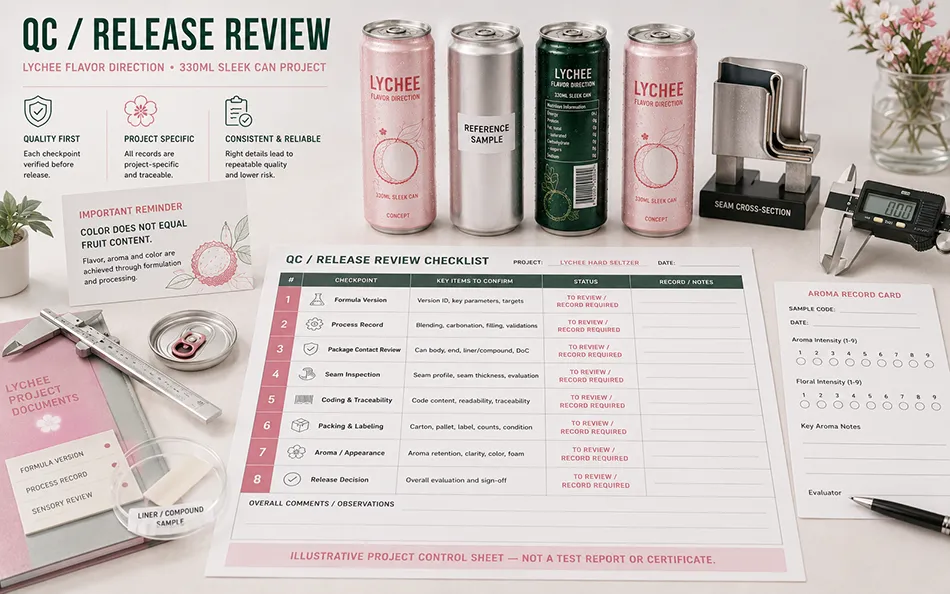 Illustrative QC and release review for a 330ml lychee hard seltzer Sleek can project