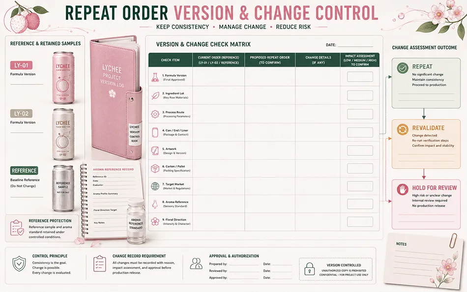 Lychee hard seltzer reference samples and repeat-order version change-control review