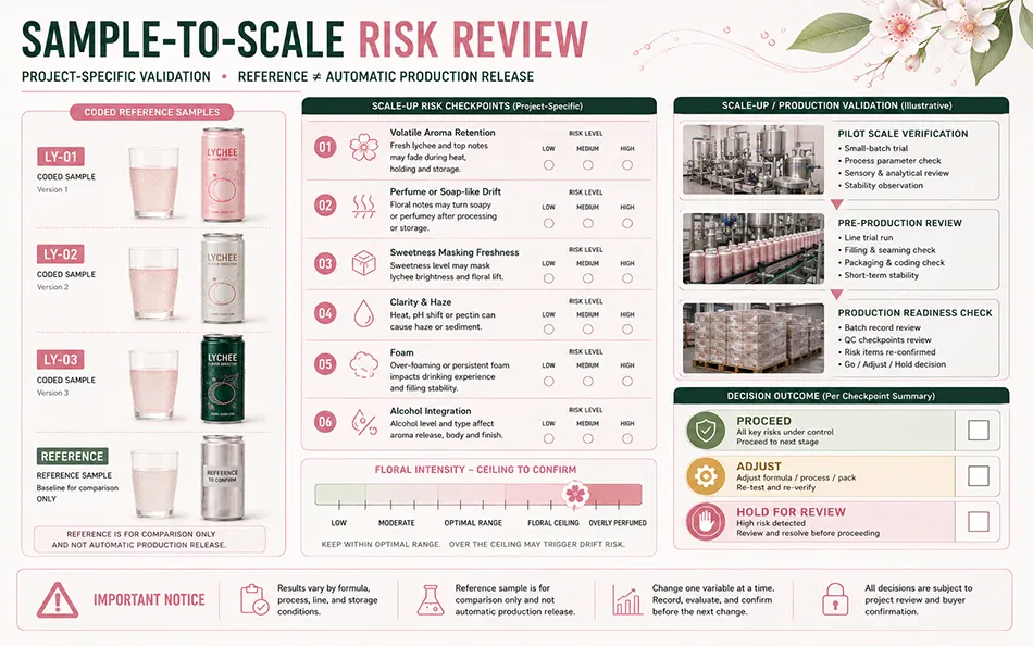 Lychee hard seltzer scale-up risks covering aroma floral drift sweetness clarity foam and alcohol integration