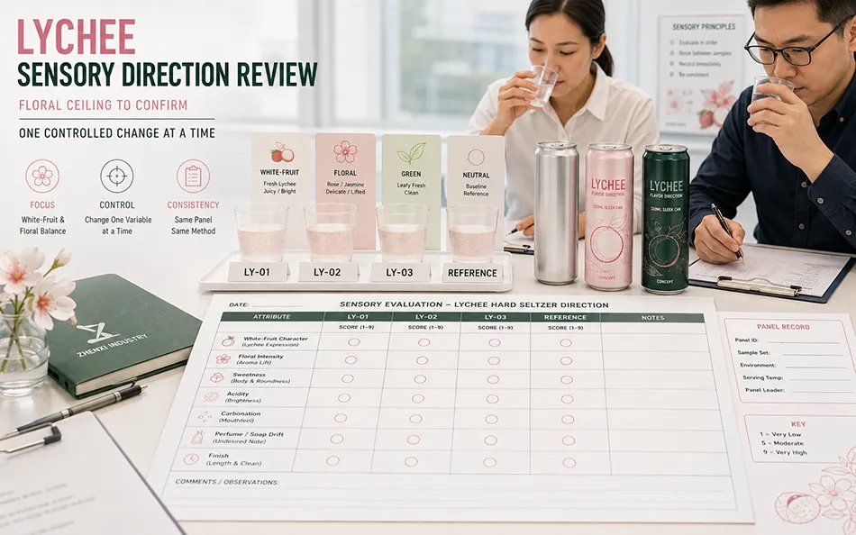 Coded lychee hard seltzer samples reviewed for fruit aroma floral level sweetness acidity and finish