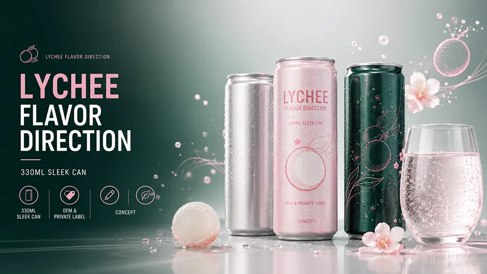 Lychee flavor hard seltzer OEM concepts in 330ml Sleek cans with a carbonated serving
