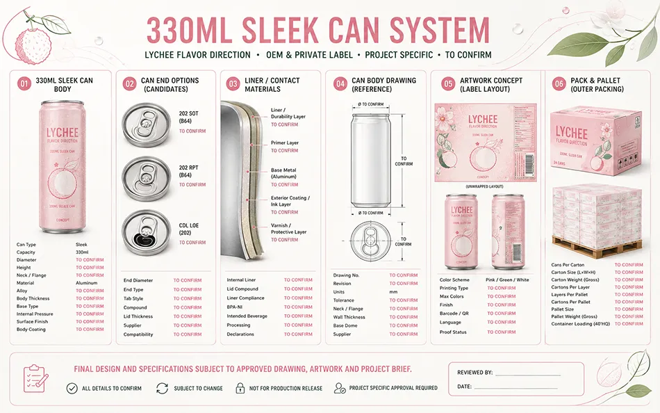330ml Sleek can body end liner artwork carton and pallet system for a lychee hard seltzer project