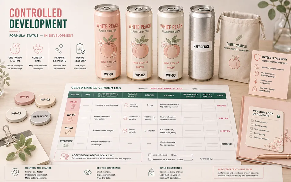 White peach hard seltzer coded formula versions and reference sample under controlled development review