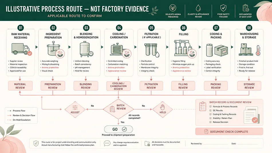 Illustrative manufacturing route and decision gates for a white peach flavor hard seltzer OEM project