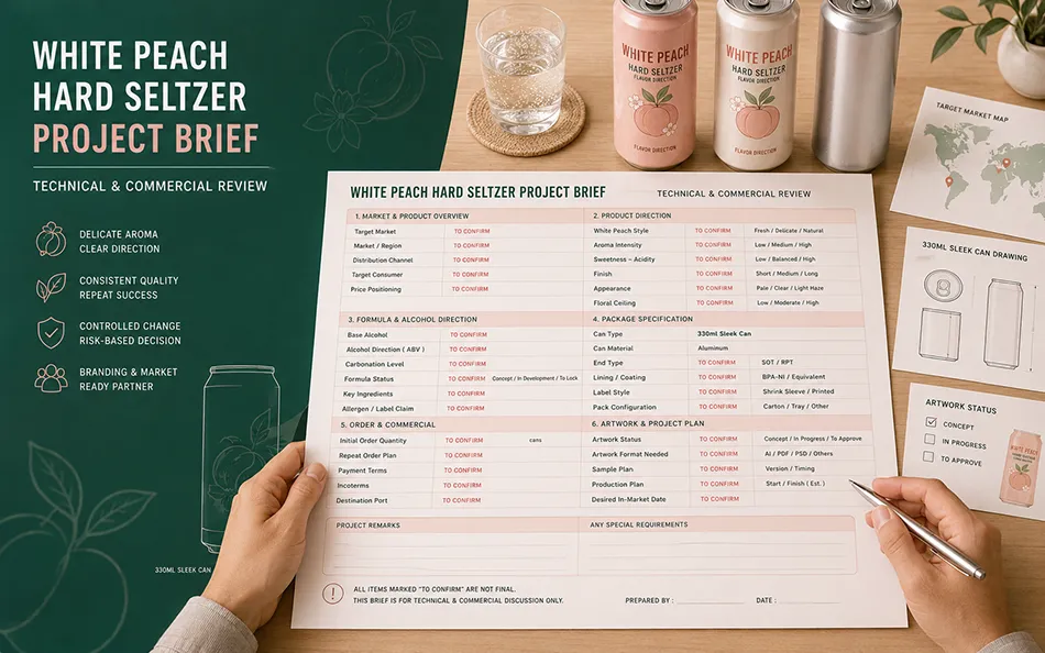 Buyer reviewing a 330ml Sleek can white peach hard seltzer project brief artwork and target market inputs