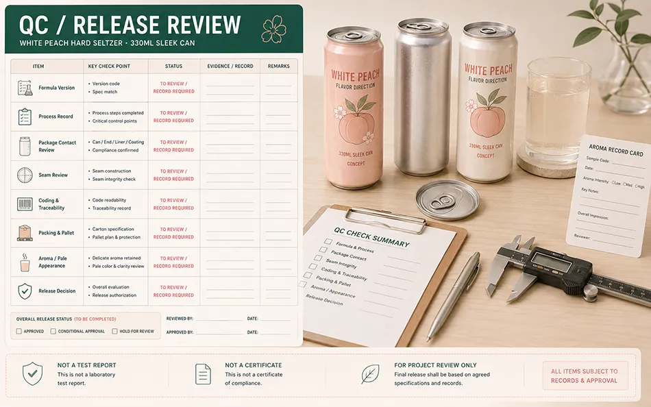 Illustrative QC and release review for a 330ml white peach hard seltzer Sleek can project