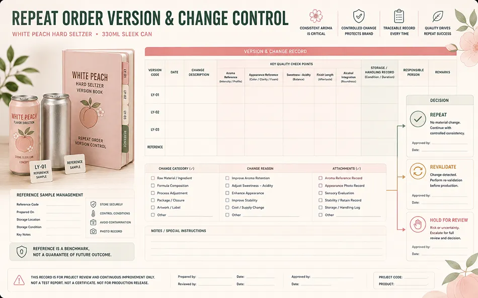 White peach hard seltzer reference samples and repeat-order version change-control review