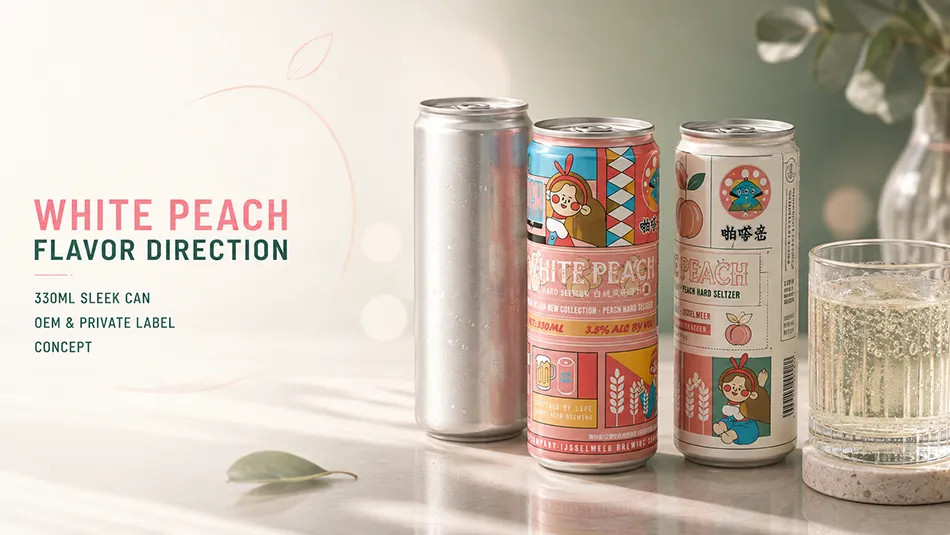 White peach flavor hard seltzer OEM concepts in 330ml Sleek cans with a carbonated serving
