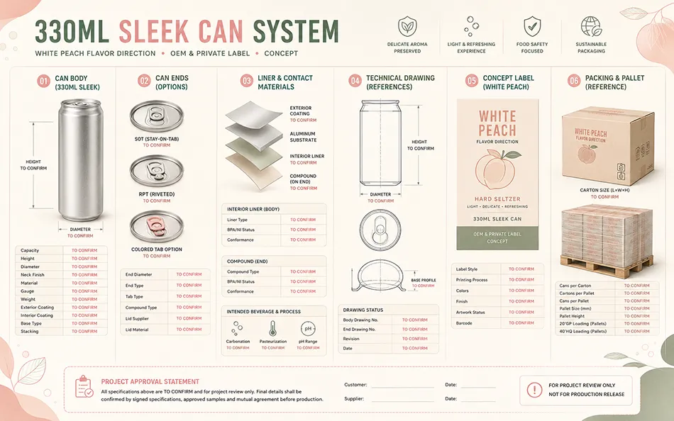 330ml Sleek can body end liner artwork carton and pallet system for a white peach hard seltzer project