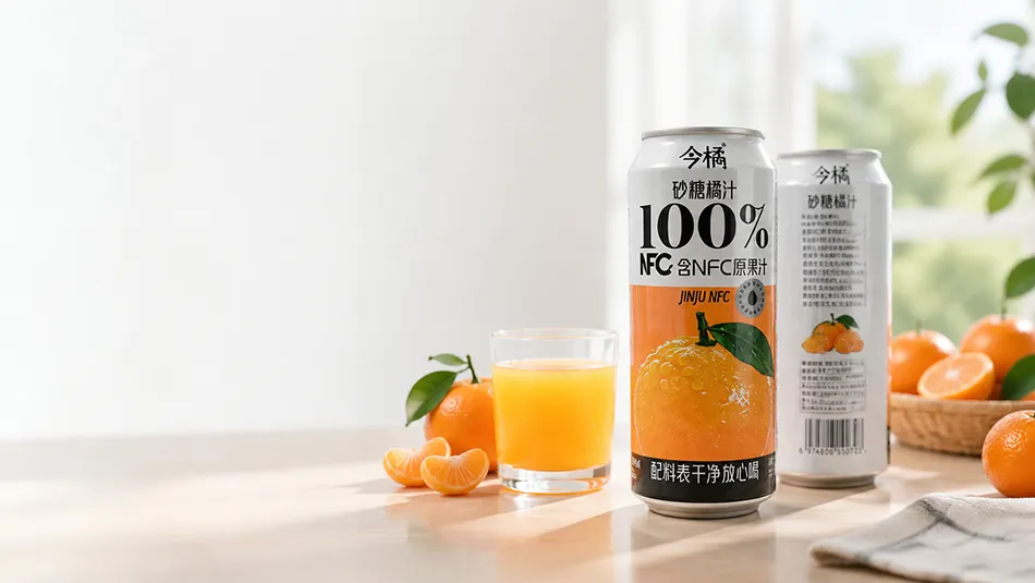Authorized Jinju 500ml Satsuma mandarin beverage reference with a can, serving glass and mandarins