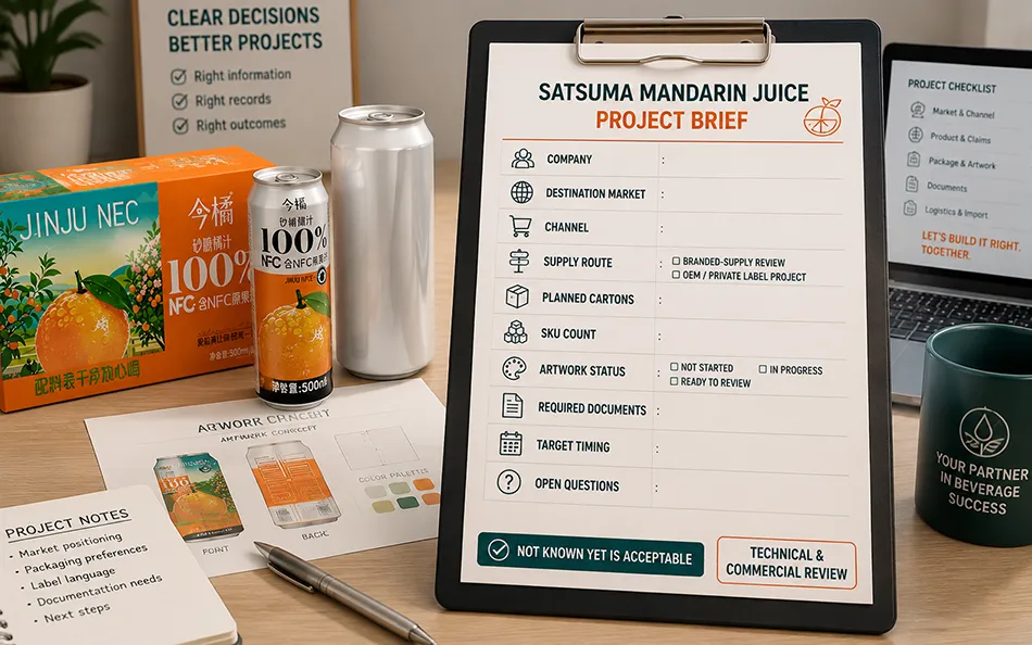 Satsuma mandarin beverage RFQ project brief with 500ml can and packaging references