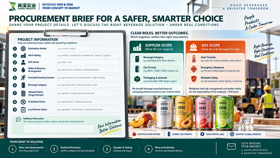Hot-climate beverage procurement brief with EHS and commercial boundaries