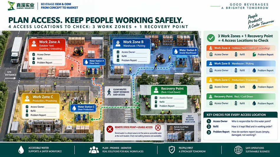 Worksite water access map for work and recovery locations