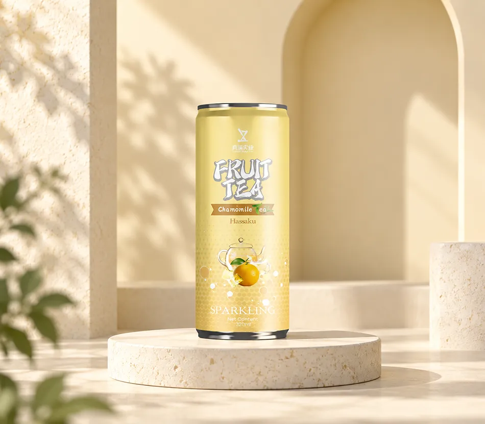 Hassaku and chamomile sparkling tea can with 320ml net content on a warm cream stone display.